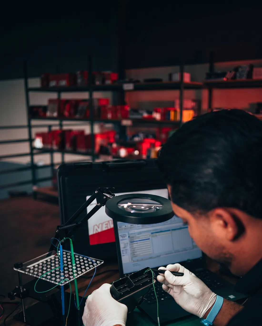 Bancada de eletrônica da TS Auto Center com instrumentos de medição